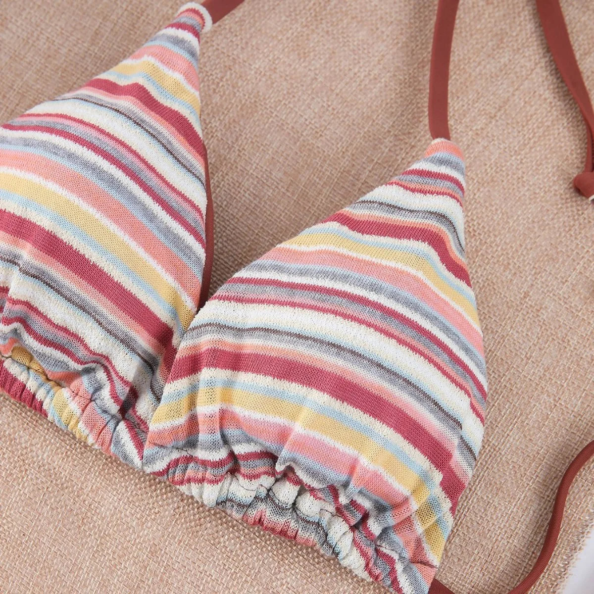 Women Retro Stripe 3 Piece Bikini Set Halter Tie Triangle Top Side Tie Swimsuits Mini Wrap Skirt Cover Up Beach Bathing Suit