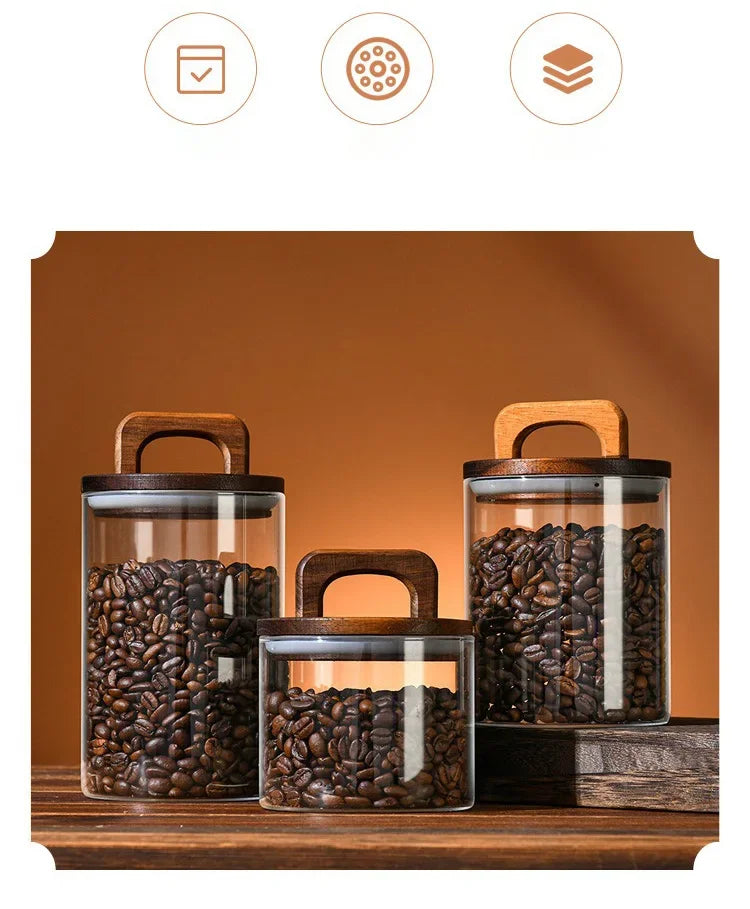 Clear Glass Jar with Bamboo Lid Sealed Canister Food Storage Container for Loose Tea Coffee Bean Sugar Salt Kitchen Gadgets