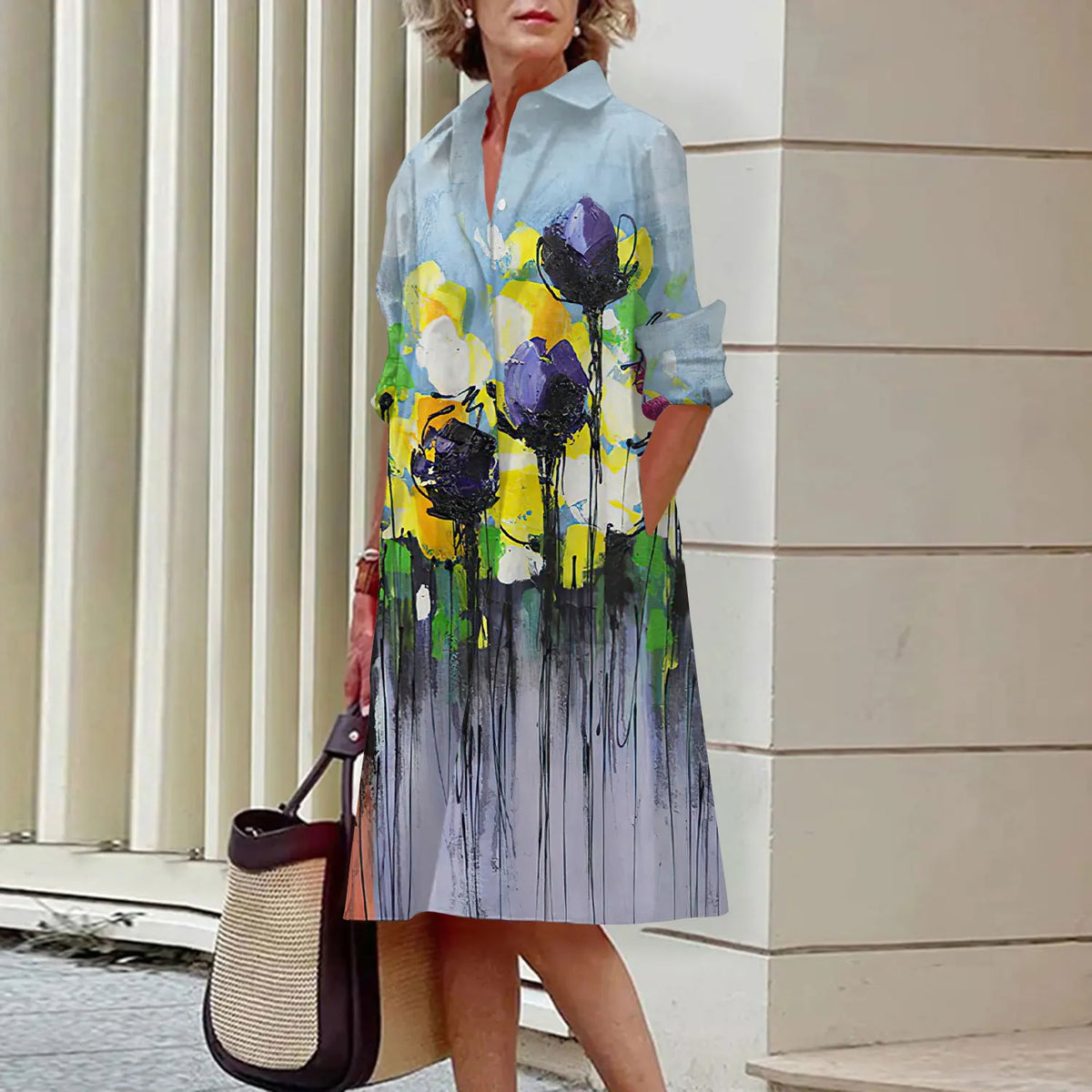 Spring and Summer Women's Dresses Fashion Lapel Printed Long Sleeve Shirt Street Shooting High Temperament New Traveling Gowns