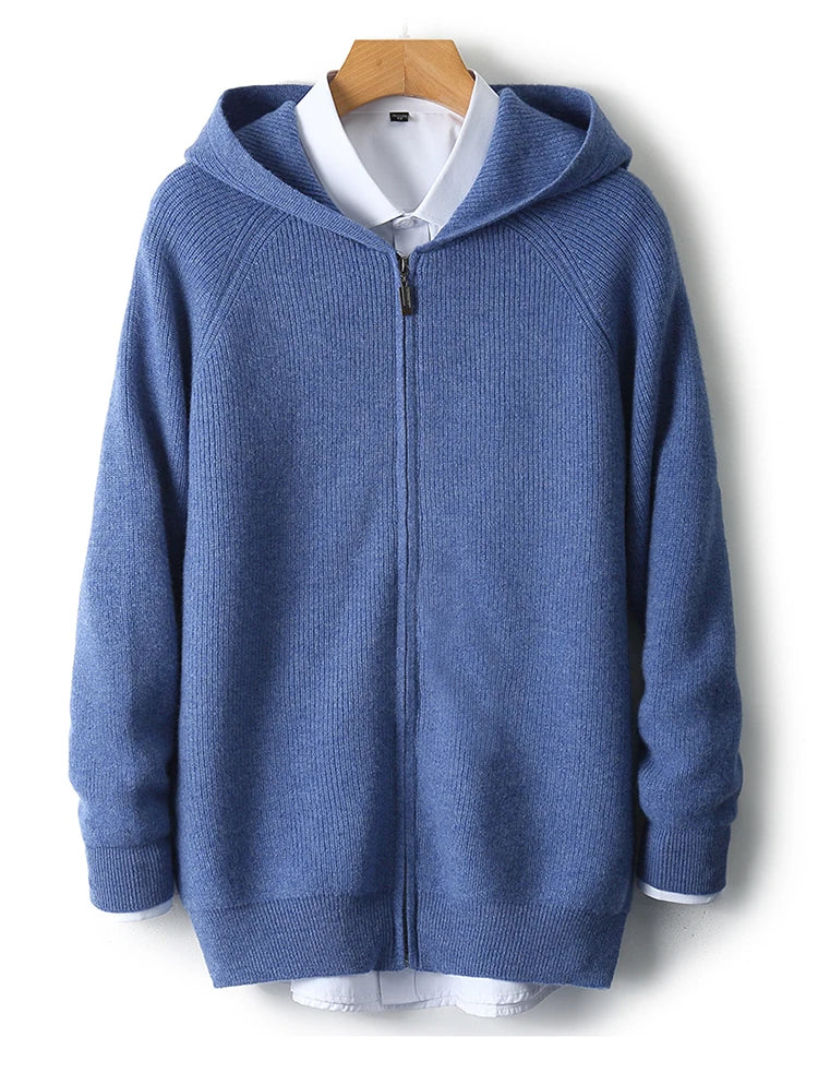 Autumn and Winter 100% Pure Cashmere Cardigan Men's Hoodie Zipper Thick Sweater Loose Plus Size Wool Knitted Sweater Coat