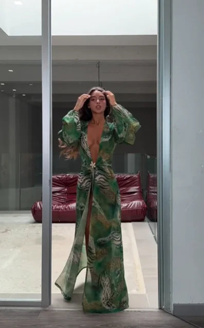Animal Print Wrap Maxi Dress V Neck Sleeve Twist Waist High Slit Long Gowns Women's Resort Vacation Party Robes 2026 New Arrival