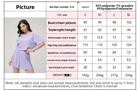 Ladies Summer Solid Color Hollow-out Short Sleeve Shorts Set Girl Student Homewear Women Casual Outside Home Loose Two-piece Set