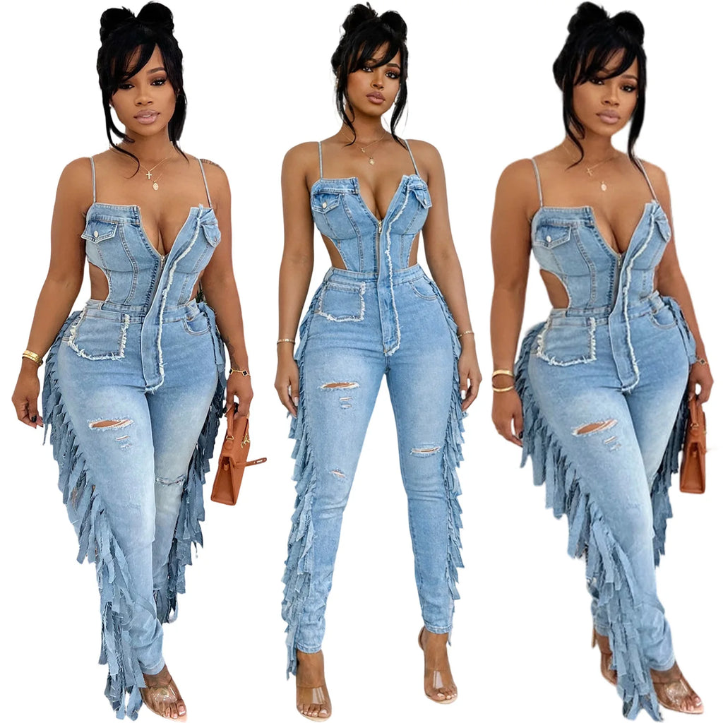 Tassel Jeans Stretch Jumpsuit Sexy Women Strapless Elegant Denim Club Romper Overalls