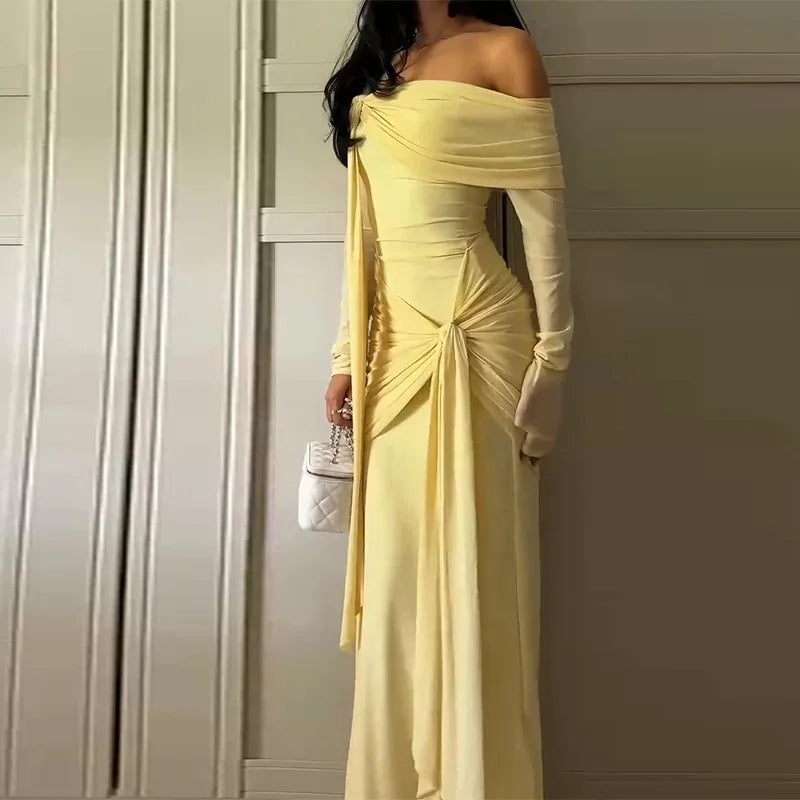 Yellow Pleated Off-shoulder Ribbon Dress Women's Sexy Lace Up Full Sleeve Bodycon Dresses 2025 Autumn New Elegant Party Vestidos