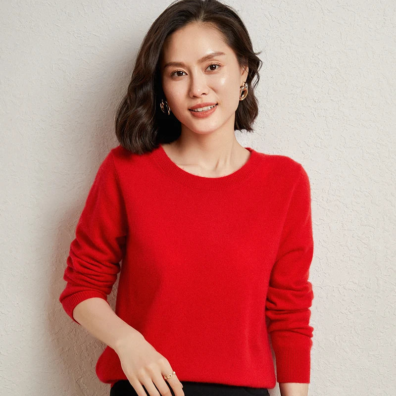 100%Merino Pure Wool Pullover Sweater For AutumnWinter Women's Round Neck Warm High-Quality Solid Color Basic Knitted Jumper Top
