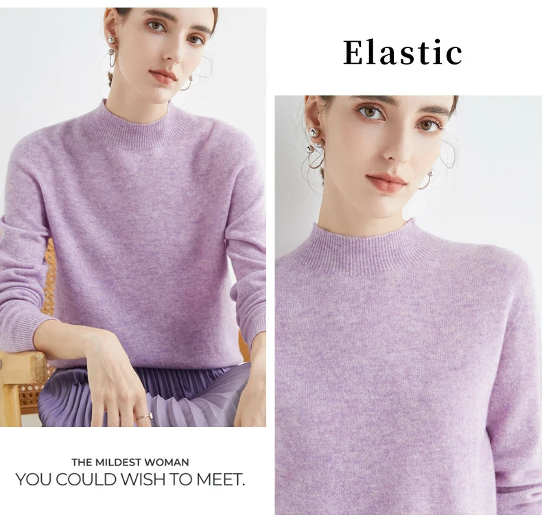 First-Line Seamless Women's Half-Turtleneck 100% Pure Wool Sweater Solid Color Long Sleeve Pullover Knitted Bottoming Sweater