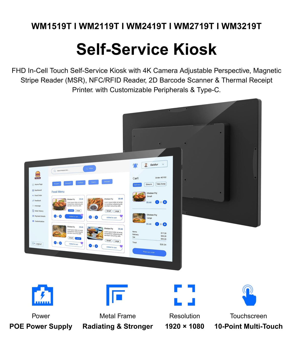 15 Inch Wall Mount Payment Kiosks Burger Shop POE Power Supply QR Code Scanner Android OS