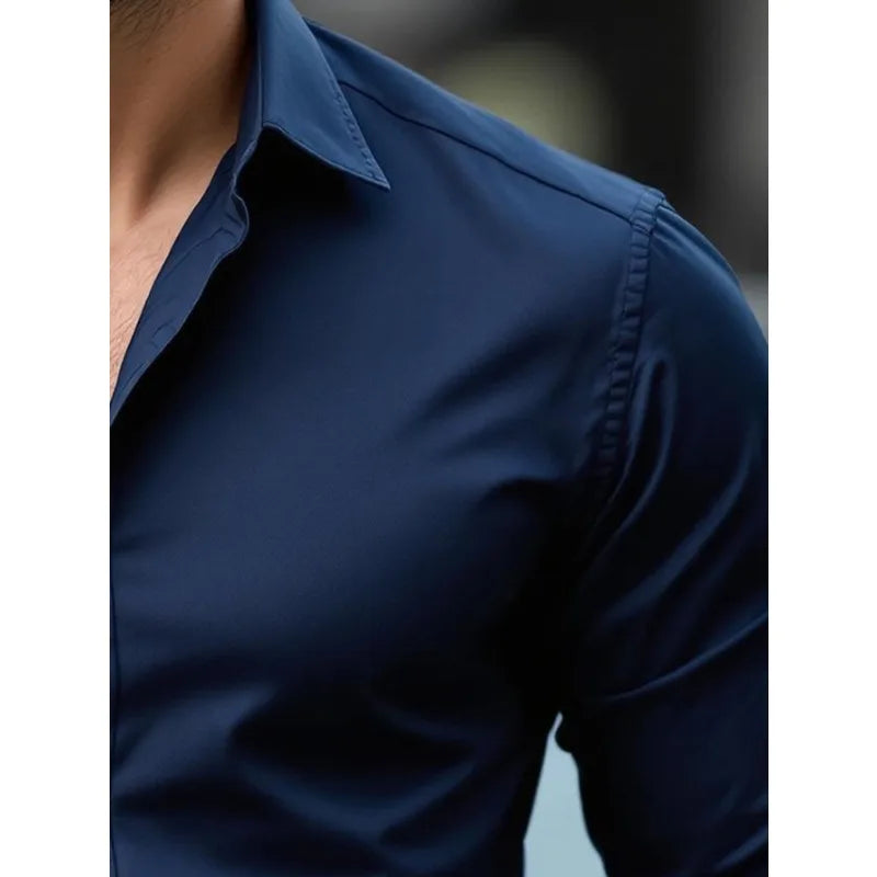 FGKKS New Men Shirts Fashion Quality Long Sleeve Casual Solid Color Elastic Male Business Shirt