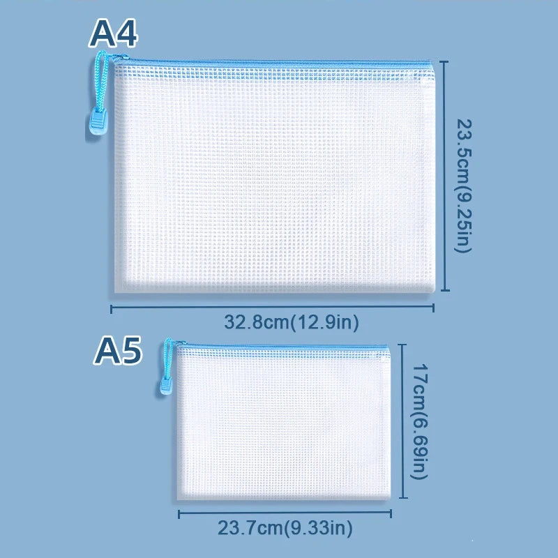 10Pcs Mesh Zipper Pouch Document Bag Waterproof Zip File Folders A4 A5 Size Office School Supplies Storage