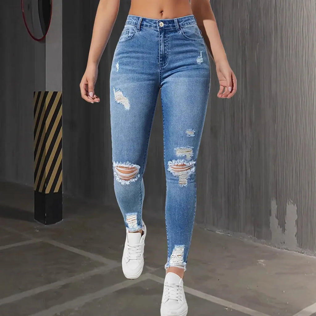 Women's Slim Fit Jeans with Rips Casual Slimming Cone Shaped Mom Jeans Comfortable Stretch Denim Trousers