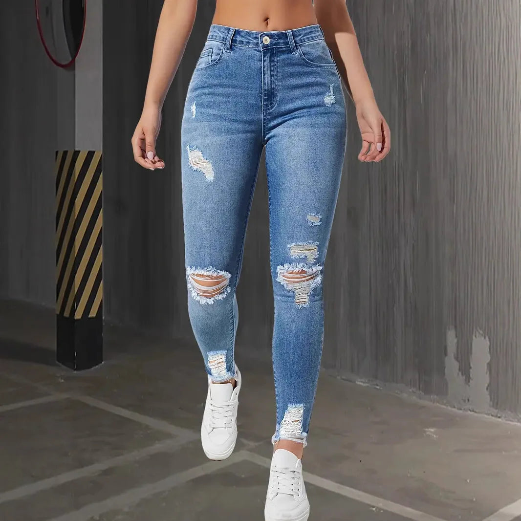 Women's Slim Fit Jeans with Rips Casual Slimming Cone Shaped Mom Jeans Comfortable Stretch Denim Trousers