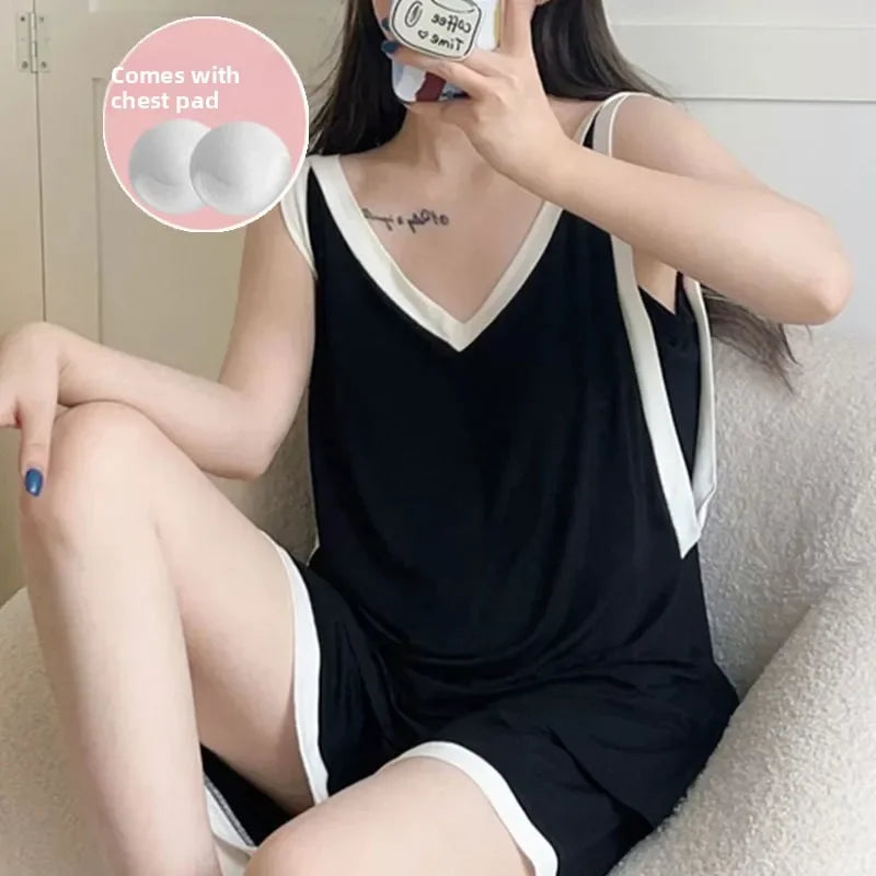 Women Sleeveless Summer Casual 2/pce Set Girls Spaghetti Strap Vest Shorts Outfit Lady Color Blocked Bra Pad Fashion Loungewear