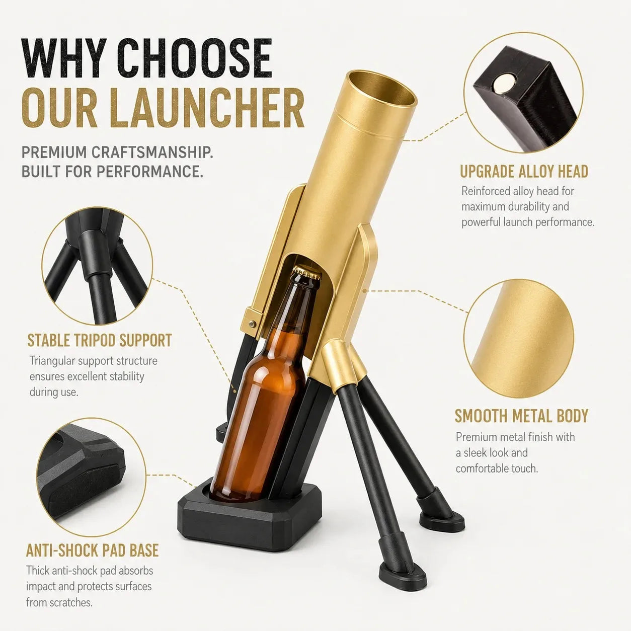 Beer Bottle Mortar Bottle Opener, 33/51mm Mortar Beer Bottle Opener Heavy-Duty Tactical Cap Launcher Hands-Free Push Down Opener