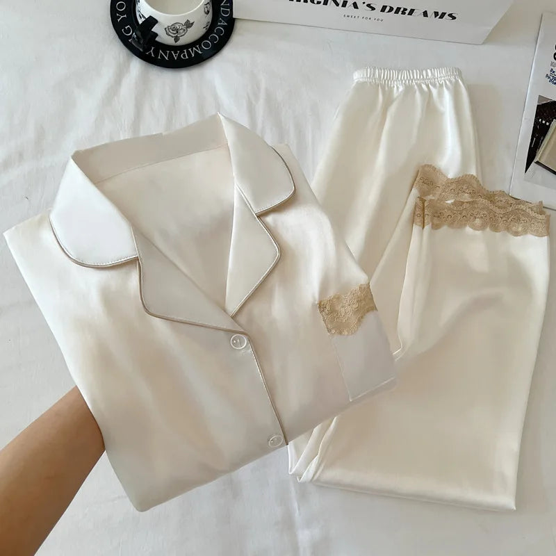 Women's Spring/Autumn Ice Silk Nightwear Set Luxurious Lace Trim Long-Sleeved Lightweight Homewear Actual Product Photography