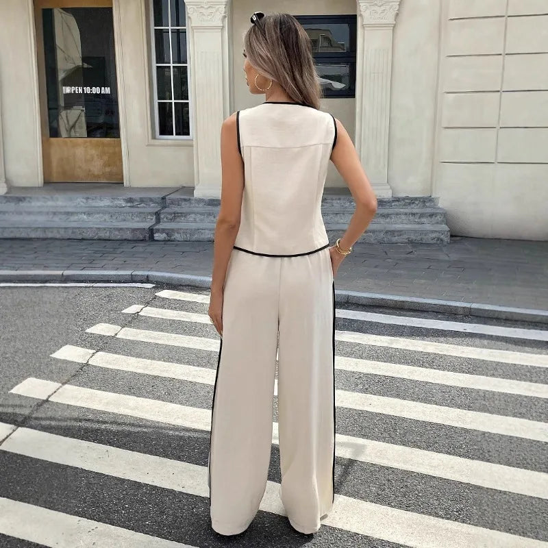 Women Color Block Two Piece Set Sleeveless Single Breasted Vest Drawstring Long Pants European Daily European Casual Daily