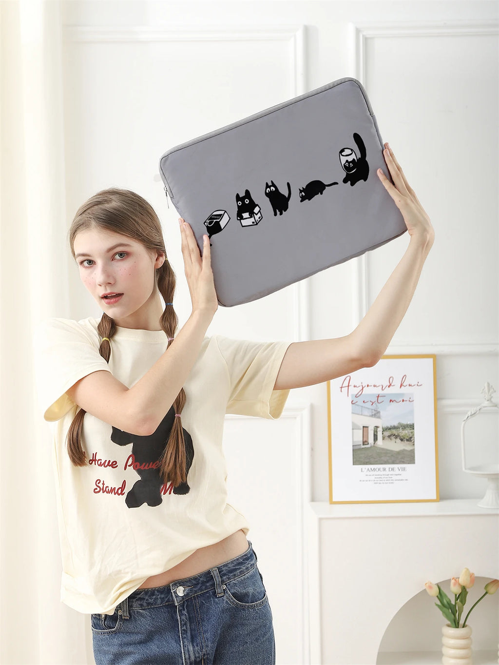 Laptop bag and briefcase with black cat pattern, suitable for 14 inch laptops