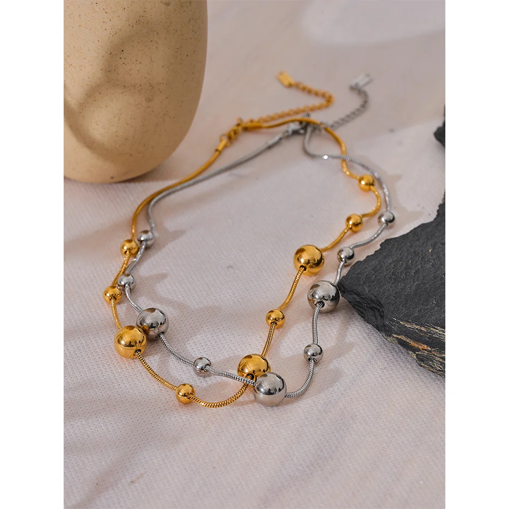 Yhpup High Quality Stainless Steel Round Beads Chain Statement Necklace for Women 18K PVD Plated Stylish Jewelry Rust Proof