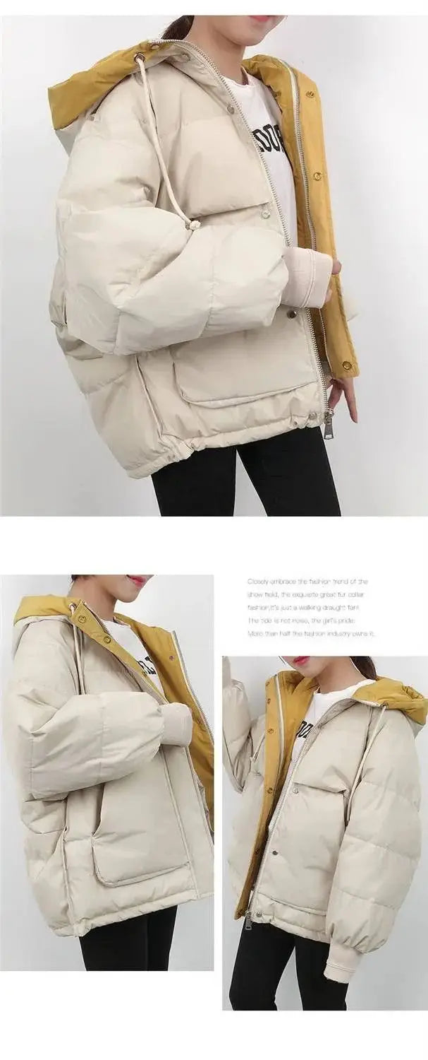 2024 Winter Korean Warm Female Puffer Coat Pocket Solid Parkas Padding Long Sleeve Thick New in Outerwears Hooded Women's Jacket