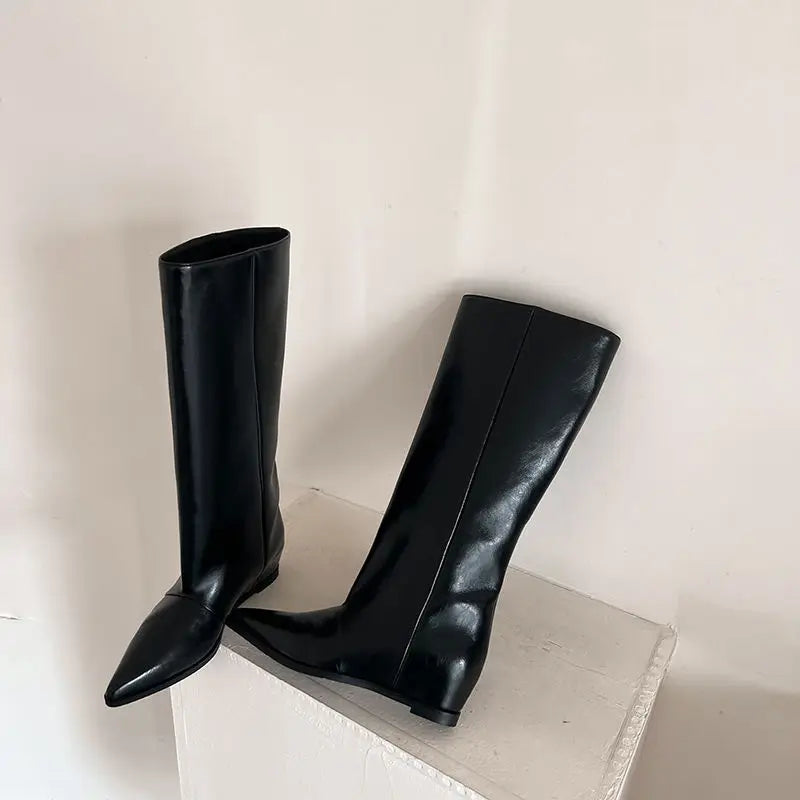 QUTAA 2025 News Women Knee High Boots Leather Wedge Heels Autumn Shoes Pointed Toe Woman Winter Party Lady Long Boots Size 34-40