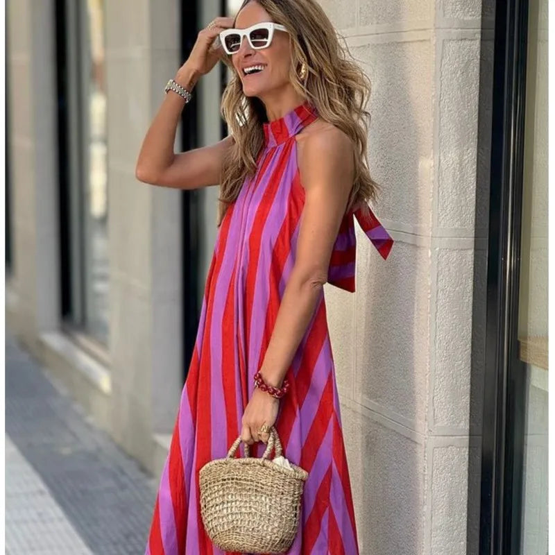 Summer New Sleeveless Neck Hanging Pink Dress Women's Long Dress With Backless Straps Loose Striped Printed A-line Skirt 2026