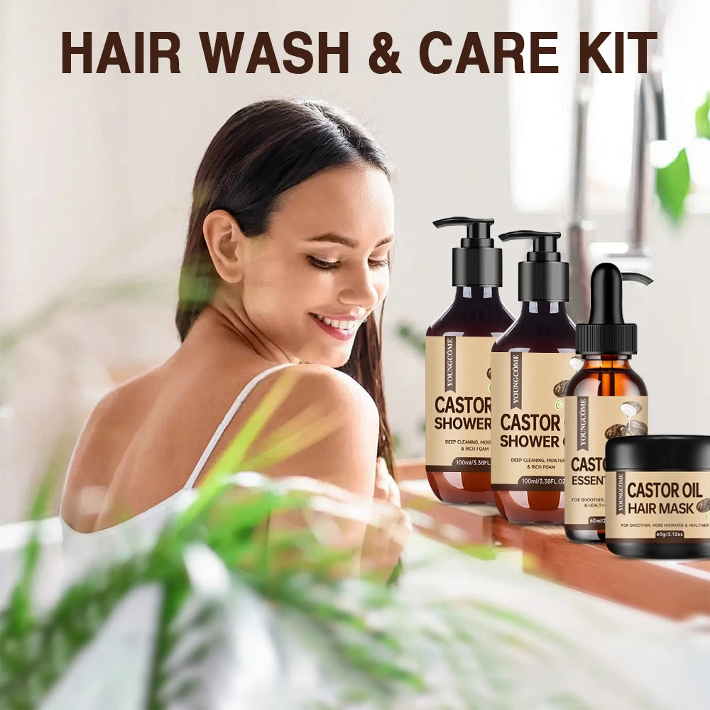 YOUNGCOME Castor Oil Hair Care Set: 3.38oz Shampoo, 3.38oz Shower Gel, 2.03oz Essential Oil, 2.12oz Hair Mask for Hair