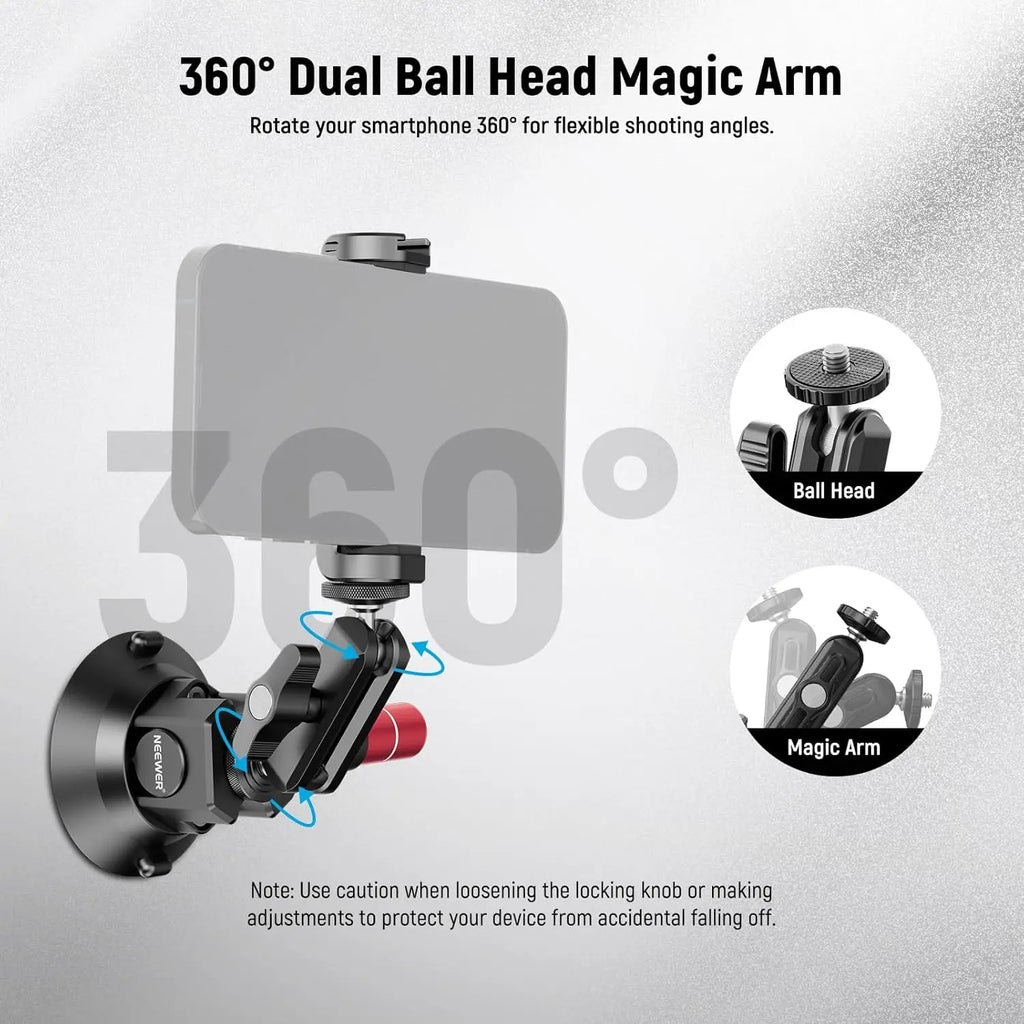 NEEWER 3" Suction Cup Camera Mount Bracket with Ball Head Magic Arm Quick Release Car Mount For iPhone DJI Insta360 CA104
