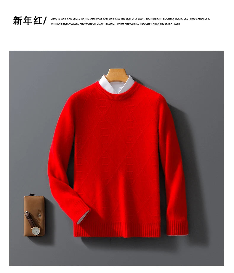 ATTYYWS  100% Merino wool men's pullover O-neck sweater casual knitted solid color autumn and winter men's new wool sweater
