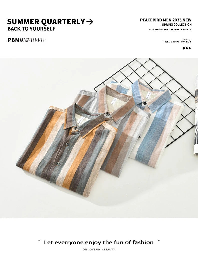 Summer New Linen and Lyocell Cooling Striped Half Sleeve Shirt for Men Casual Turn-down Collar Shirt  EC1292