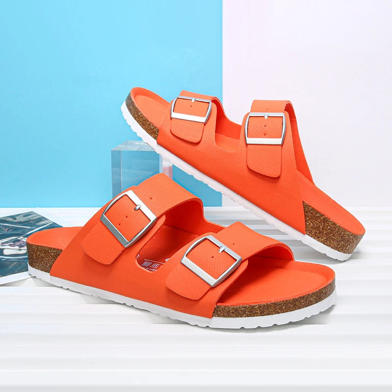 Summer Men Women Cork Slippers Clogs Microfiber Leather Slides Casual Slip On Sandal Double Buckle
