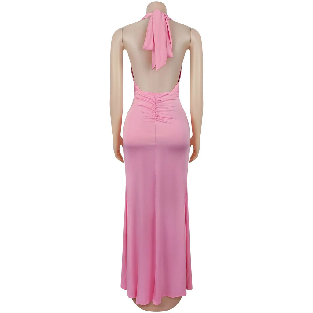 EINY Sexy Women White Halter Maxi Dress Elegant Backless Ruched Bodycon Long Gown Party Club Night Birthday Mermaid Dresses Y2K