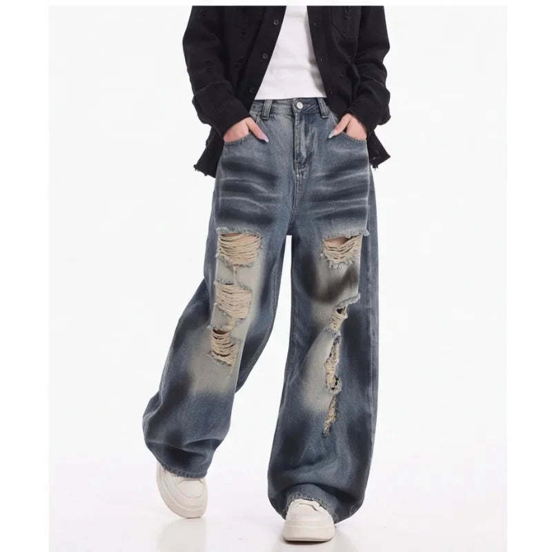 Women Summer Autumn Ripped Wide Leg Floor Length Jeans American Vintage Loose Slim Fit Design Casual Long Denim Trousers