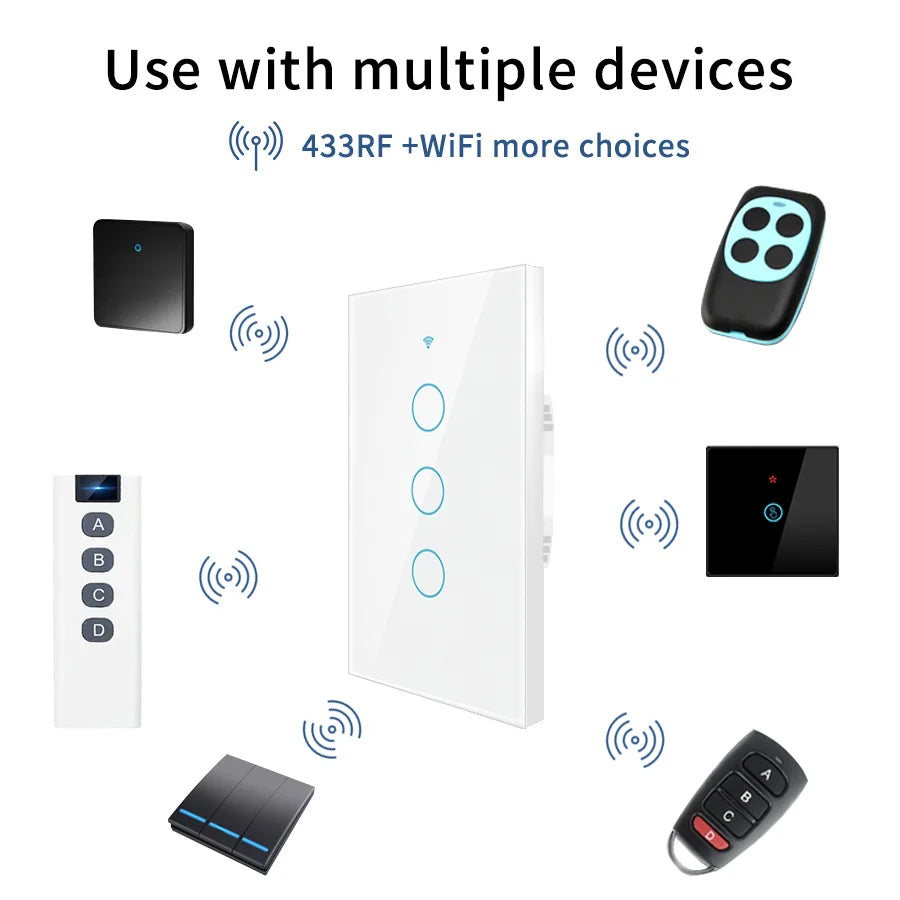 Wifi+Bluetooth Touch Light Switch No Neutral Wire &Neutral Wire US Touch Panel Wall Switches Works with Tuya Smart Life App