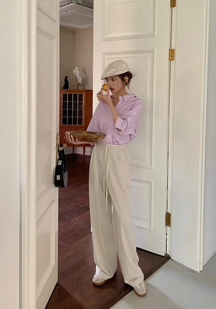 Elastic Waist Drawstring Loose Slim Casual Versatile Trousers 2026 Autumn New High Waist Women Wide Leg Suit Pants