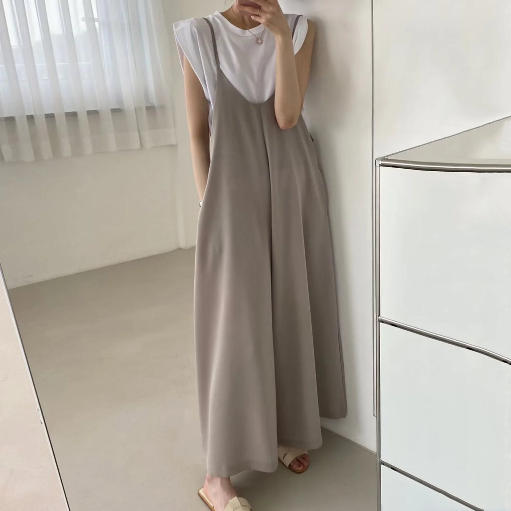 Versatile Loose Fit Slimming Shoulder Strap Pants Casual Pants Jumpsuit 2 Colors Drapey Comfortable Mid-aged Women's Pants