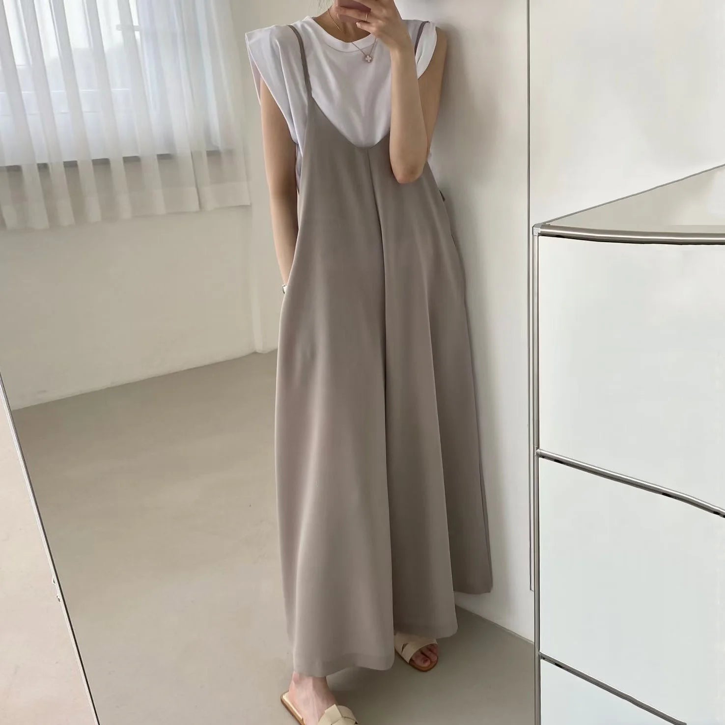 Versatile Loose Fit Slimming Shoulder Strap Pants Casual Pants Jumpsuit 2 Colors Drapey Comfortable Mid-aged Women's Pants