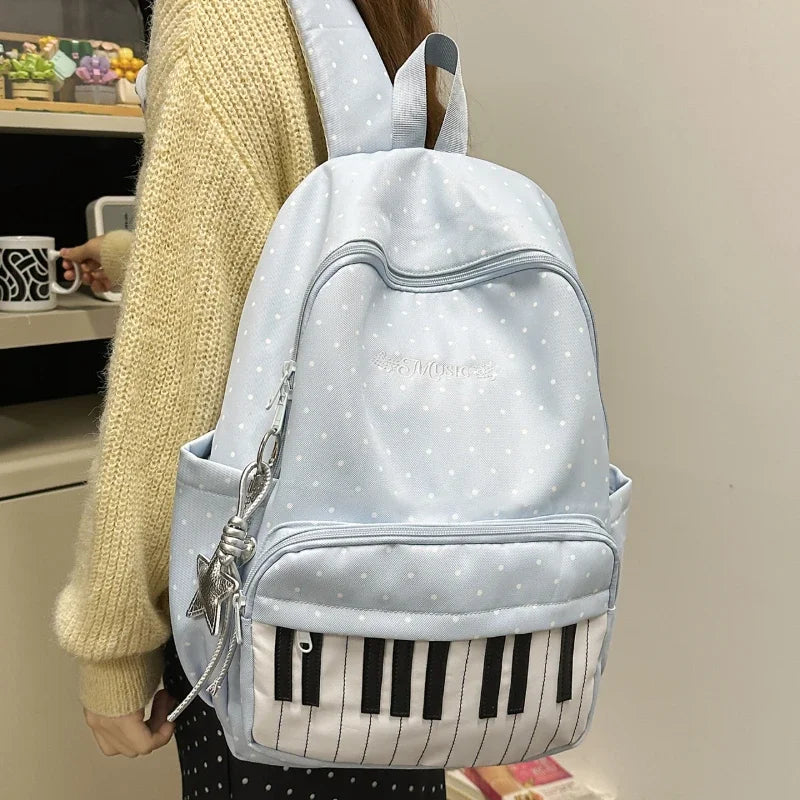 Polka Dot Piano Keyboard Backpack Back-to-school Girl Music Theme Embroidered Nylon Backpack Large Capacity Lightweight Backpack