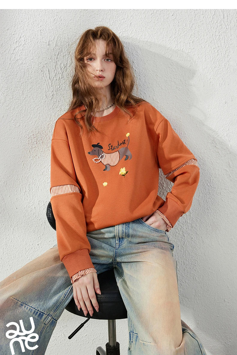 TOYOUTH Women's Sweatshirt 2026 Autumn New Loose Deconstructed Faux Two-Piece Plaid Dachshund Print Vintage Pullover Top