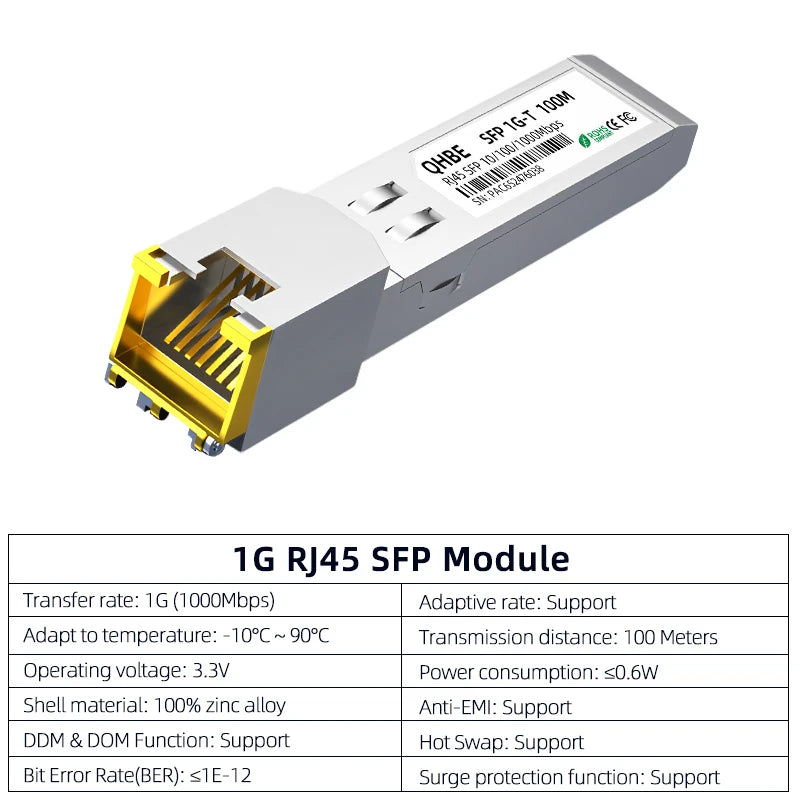 1G RJ45 To SFP Module Adaptive rate Copper SFP Transceiver For Mikrotik/Cisco Switch Plug and Play 1000BASE-T RJ45 SFP Module