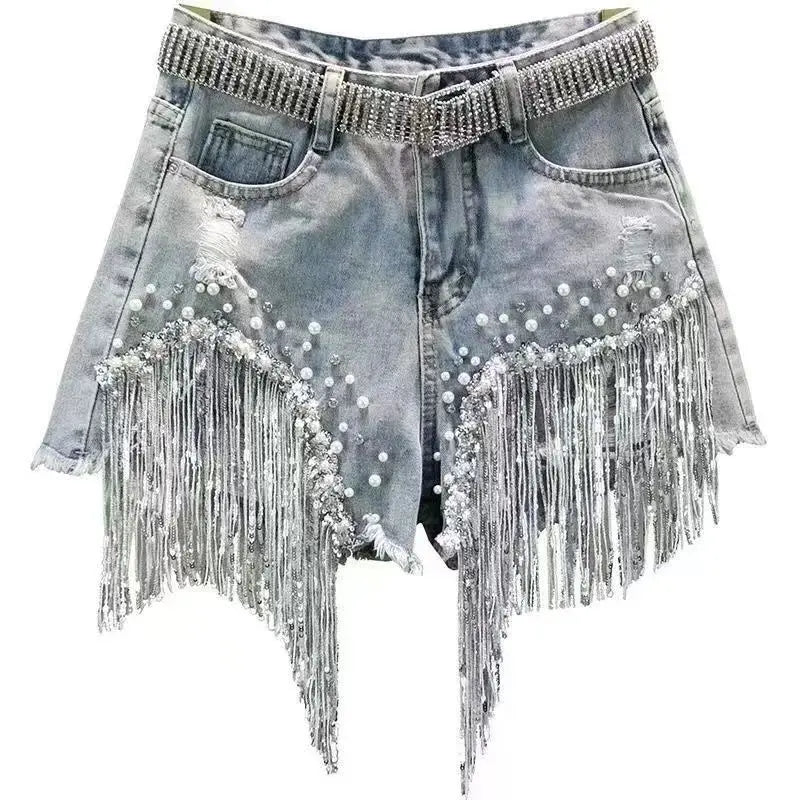 Women High-Waisted Rhinestone Pearl Fringe Denim Shorts Light Wash Distressed Design with Sparkly Belt Tassel Trim Shorts