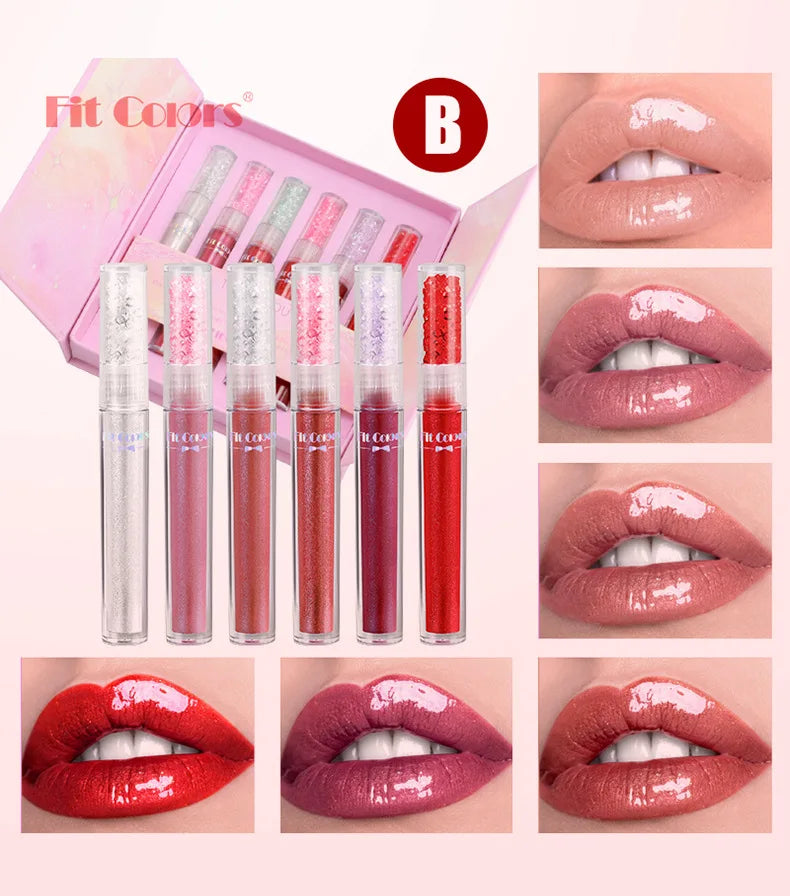 Pearlized Diamond Lip Oil Gloss Set 6 Shades Waterproof Moisturizing High Shine Lipgloss Luxe Gift Box for Women