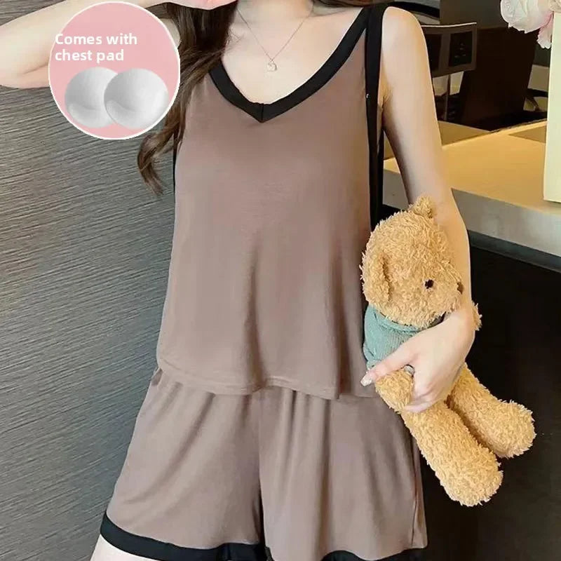 Women Sleeveless Summer Casual 2/pce Set Girls Spaghetti Strap Vest Shorts Outfit Lady Color Blocked Bra Pad Fashion Loungewear