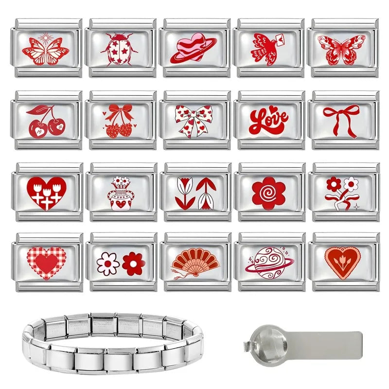 Fashion Red Series Heart Flower Bowknot Cherry Women Men Charm Link fit 9mm Stainless Steel Italian Bracelet Making DIY Jewelry