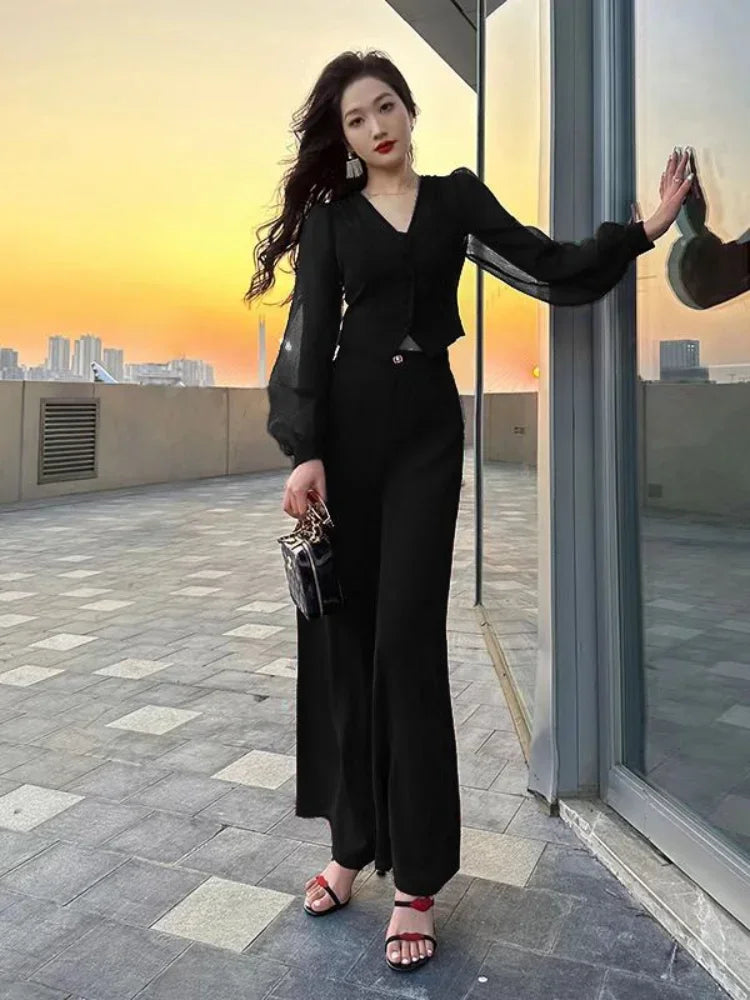 Women Pant Sets for 2 Pieces Red Sexy Holiday Outfits Trousers Woman Spring Autumn Shirt Blouse and Clothing Sales Luxury Full D
