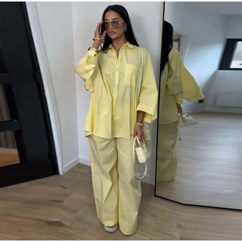 Loose Striped Contrast Wide Leg Pants Set Women Oversized Lapel Single Breasted Shirt Trousers 2026 Summer Lady Casual Outfits