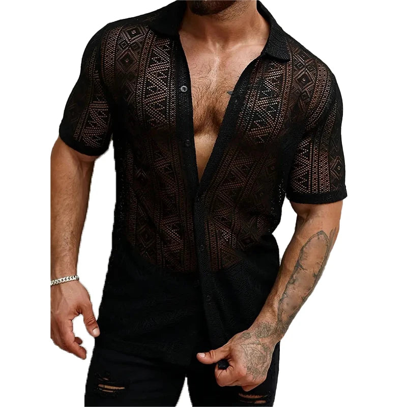 New Chic Men Sexy Lace Shirts Fshion See-through Button-down Short Sleeve Cardigan Tops Vintage Hollow Out Style Holiday Blouse