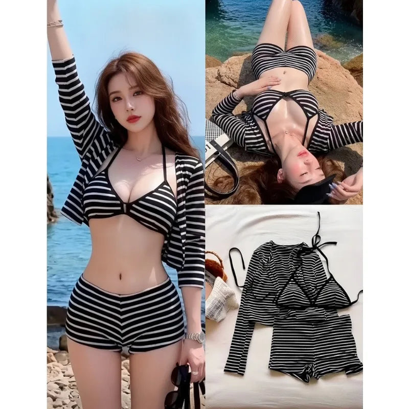 Women V Neck Striped Three Piece Split Bikini Tummy Control Conservative Shorts Swimsuit Sexy Beach Vacation Spa Summer Suit