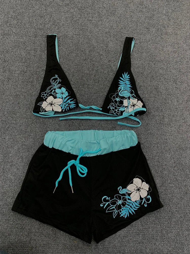 Summer Beach Ins Fashion Hot Sexy Ladies Split Two Piece Bikini Beautiful Vintage Contrast Flower Print Suspender Bra Shorts Set