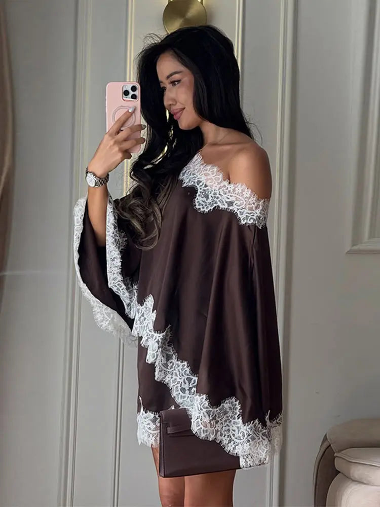 Elegant Women's Satin Lace Patchwork Top Skirt Set Loose Sloping Shoulder Full Sleeve Top Mini Skirts 2026 Summer Lady Suit
