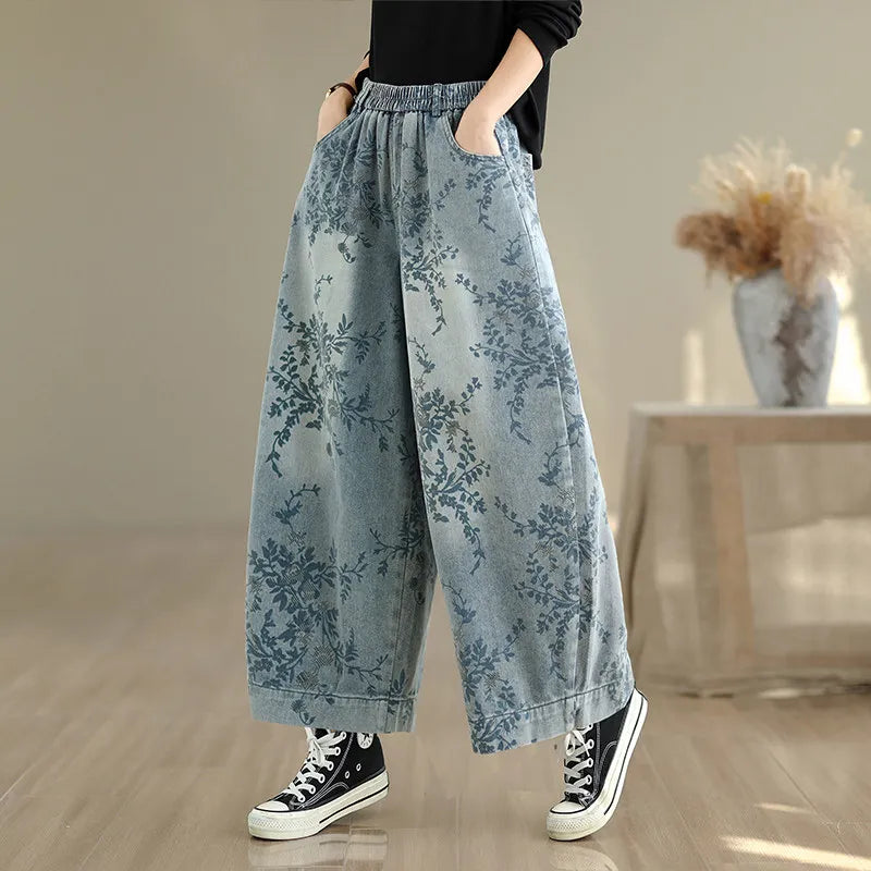 Spring Summer Retro Printed Denim Pants for Women Good Quality Elastic Waist Jeans Loose Casual Wide Leg Straight Trouser