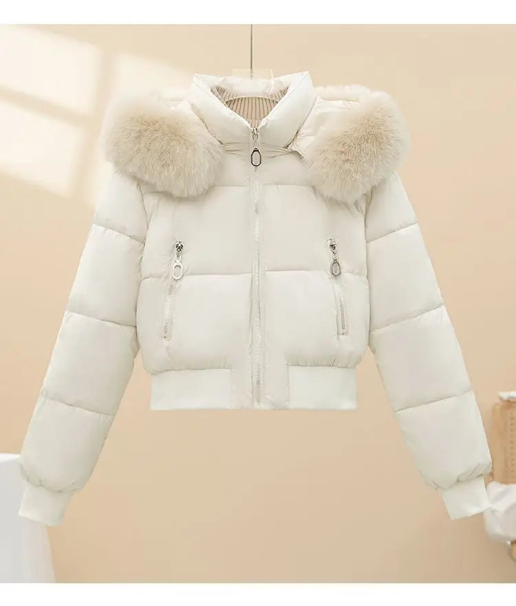 Korean Faux Fur Trim Hooded Puffer Coat Outerwear Women Black Cropped Zip Pocket Rib Hem Loose Short Warm Winter Jacket